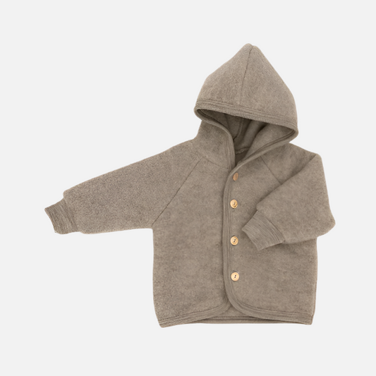 Jacheta cu gluga din lana fleece merinos, Bej