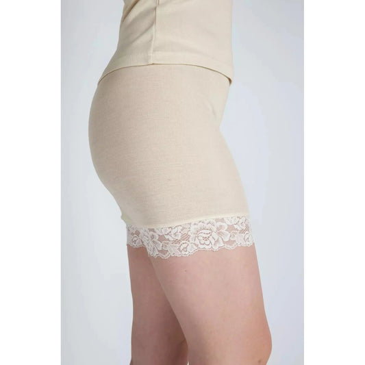 Boxeri lungi cu dantela din lana merinos si matase, Natur