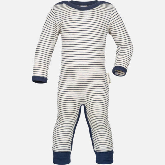 Pijama întreagă Engel cu capse din lana merinos si matase naturala, Albastru/Natur