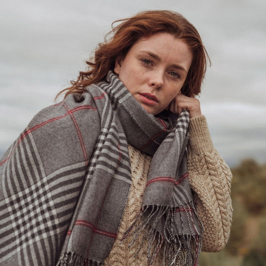 Esarfa supradimensionata din lana merinos, Gri/Rosu/Carouri