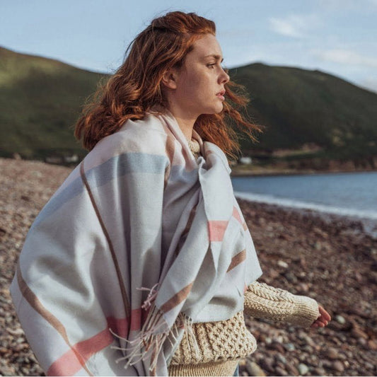 Esarfa supradimensionata din lana merinos, Baby Blue, Baby Pink Mix Check