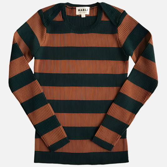 Bluza din lana extrafina rib, Forest/Cinnamon