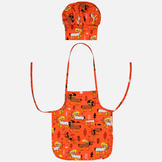 Sort de bucatarie si boneta din bumbac organic Raspberry Republic, Enchanted Forest Tomato