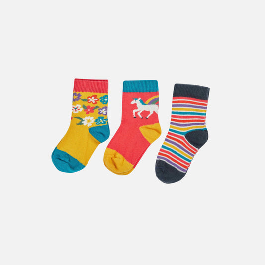 Set 3 sosete Frugi pentru copii din bumbac organic, Pegasus Rainbow Flower