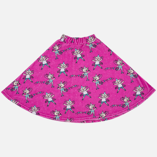 Fusta pentru fete din velour de bumbac organic Raspberry Republic, Flying Kitty Pink