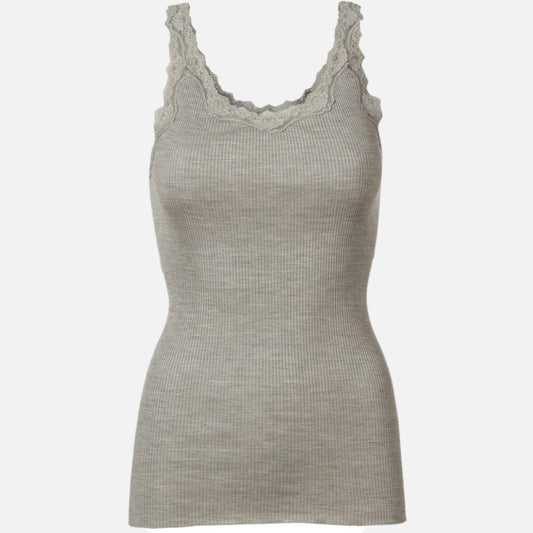Maiou dama Rosemunde cu dantela din matase și bumbac organic, Grey melange