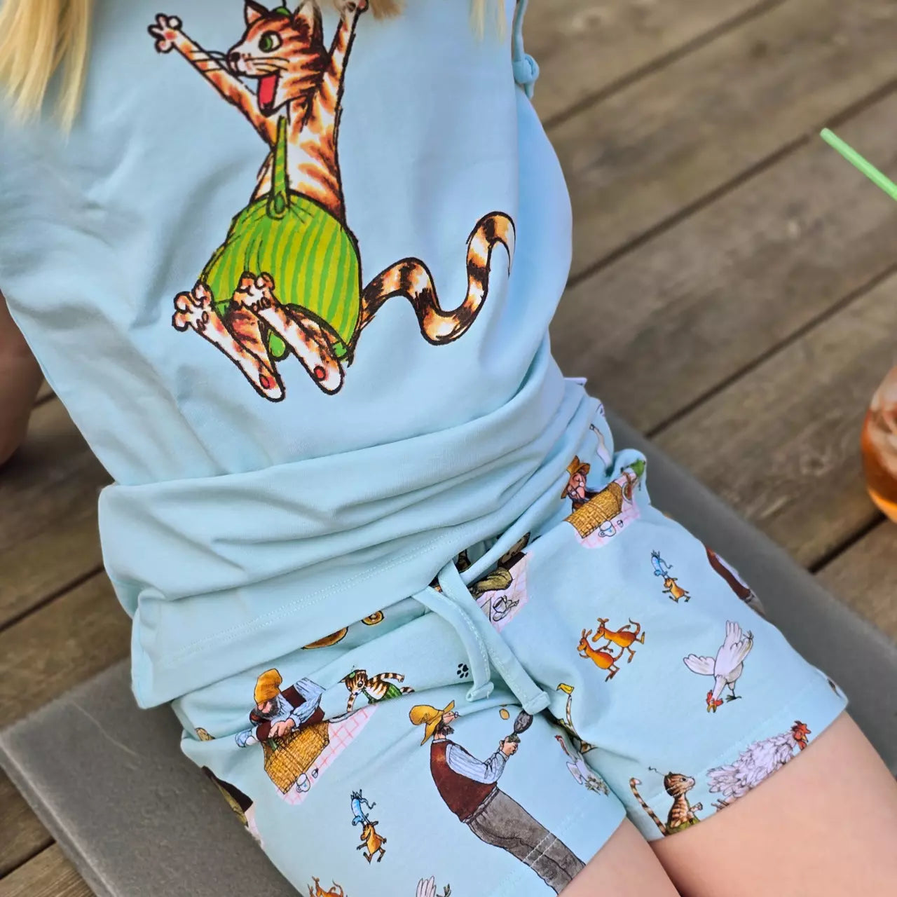 Set tricou si pantaloni scurti din bumbac organic, Pettson si Findus/ Menta