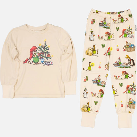 Pijama 2 piese din bumbac organic, Pettson si Findus/Bej