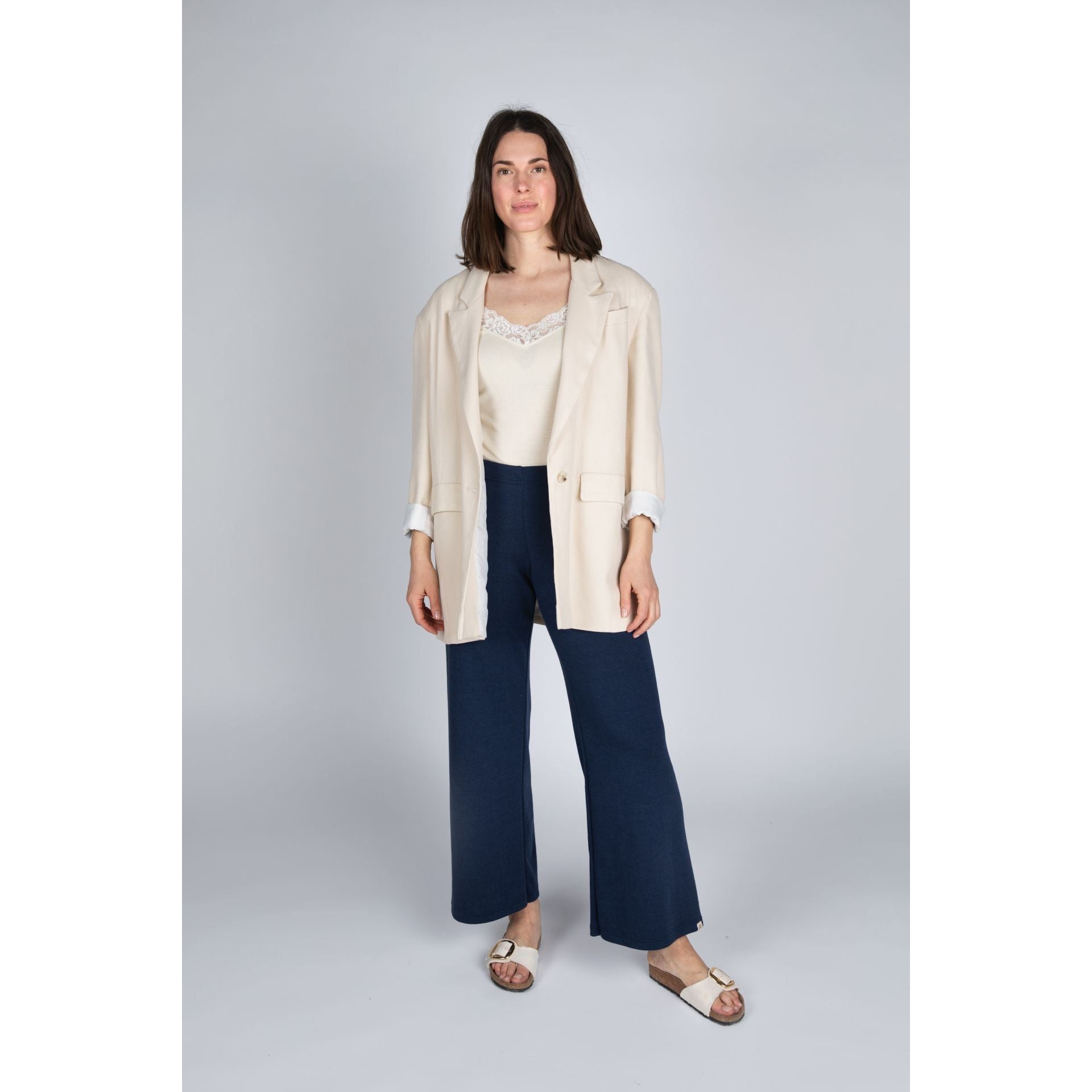 Pantaloni din interlock de lana merinos si matase pentru femei , Albastru marin