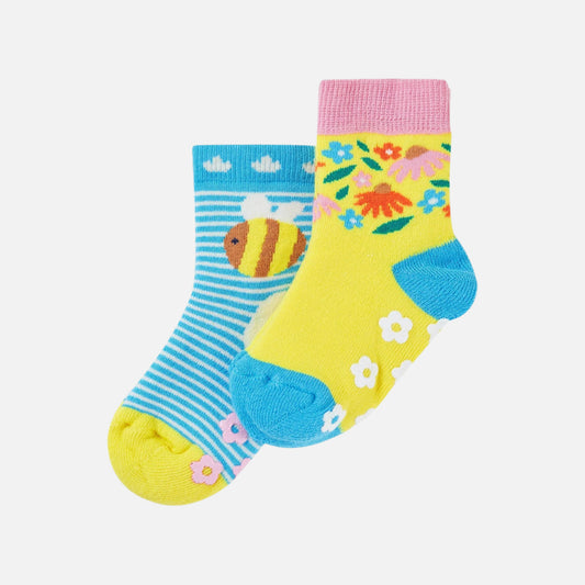 Set 2 perechi de sosete Frugi cu stopper pentru bebelusi si copii din bumbac organic, Albinute