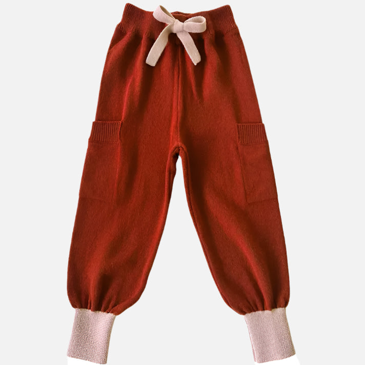 Pantaloni Balŵn Mabli Knits din lana merinos extrafina rib, Paprika/Mallow