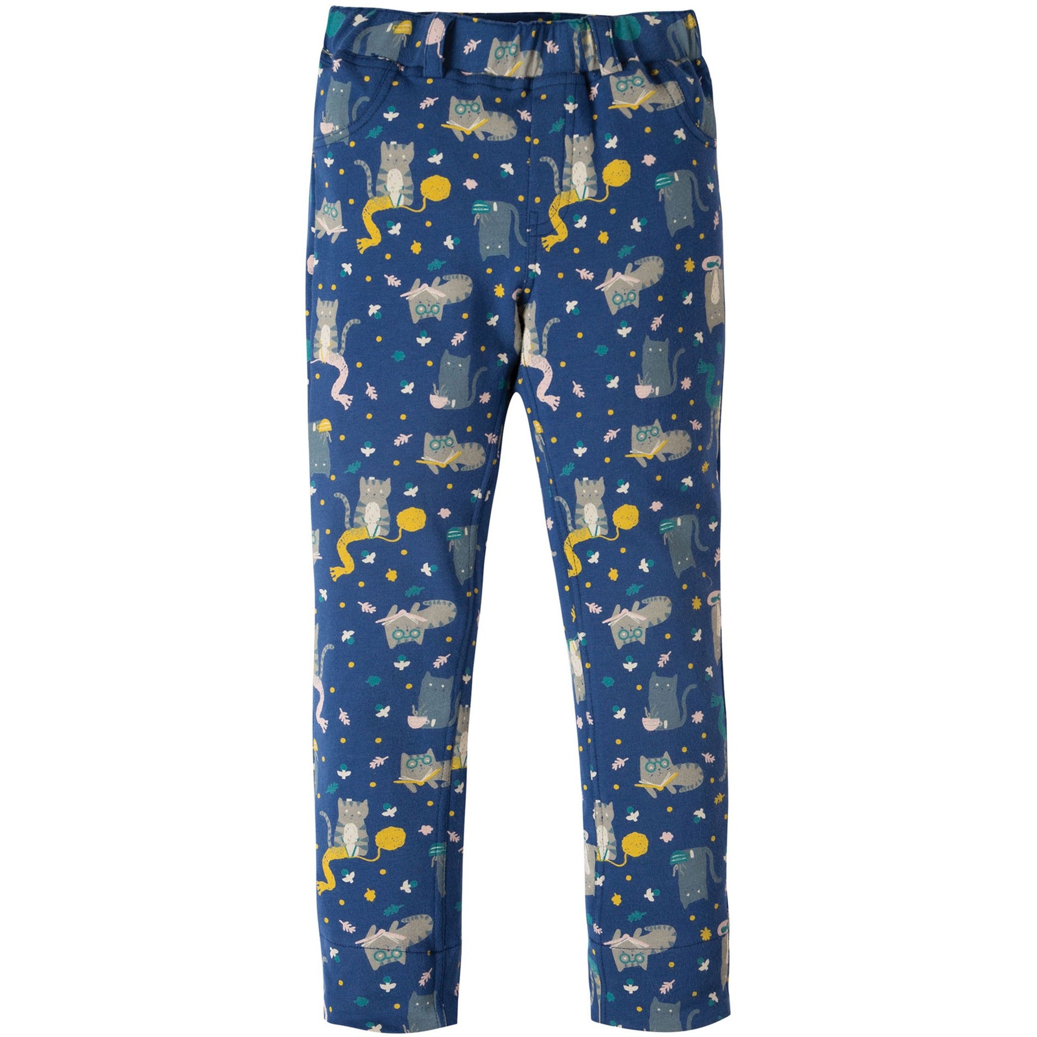 Pantaloni din bumbac organic  Hygge Cats, albastru cu pisici - Frugi