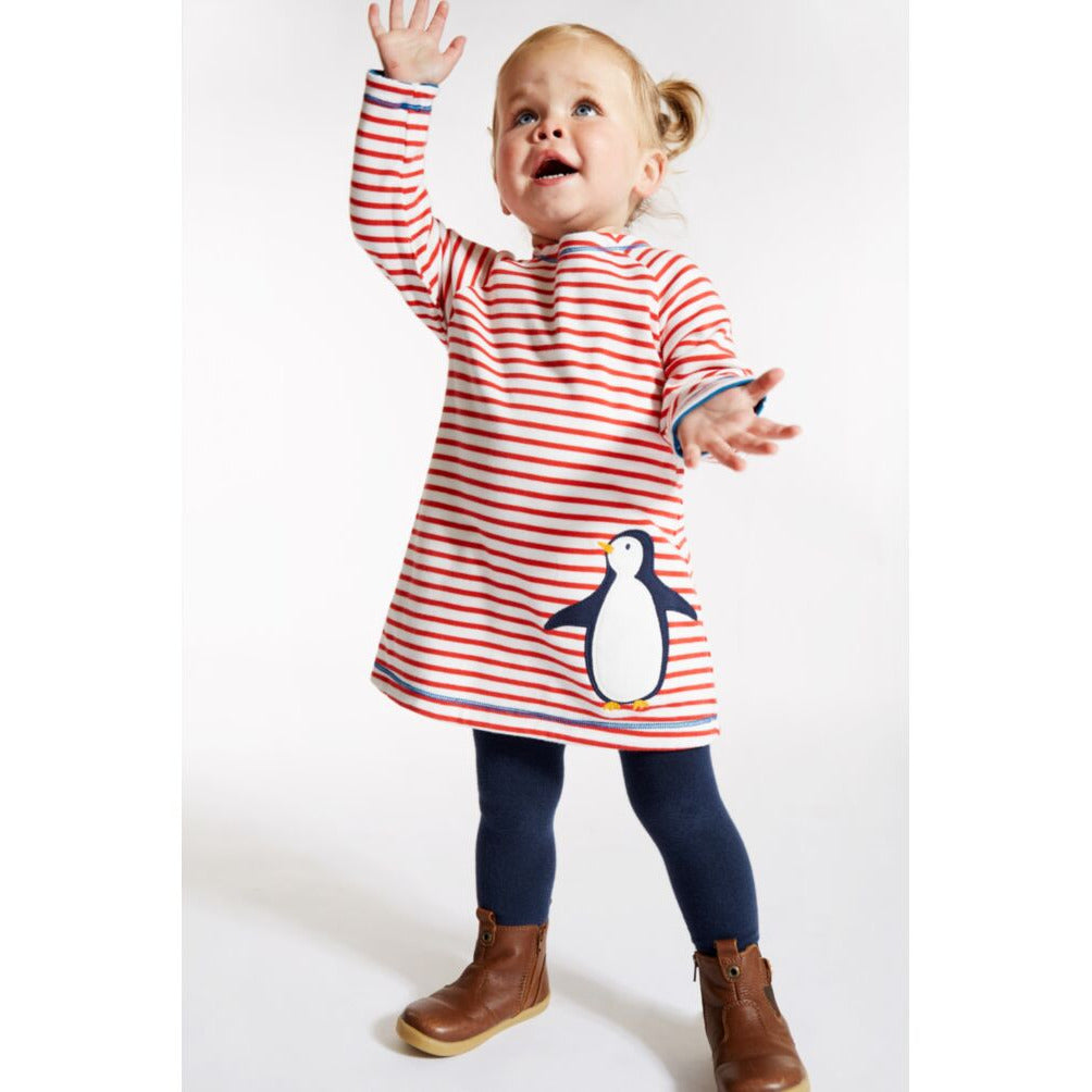 Rochie Frugi Peek a Boo reversibila din bumbac 100% organic, Blue penguin play/Red Stripe